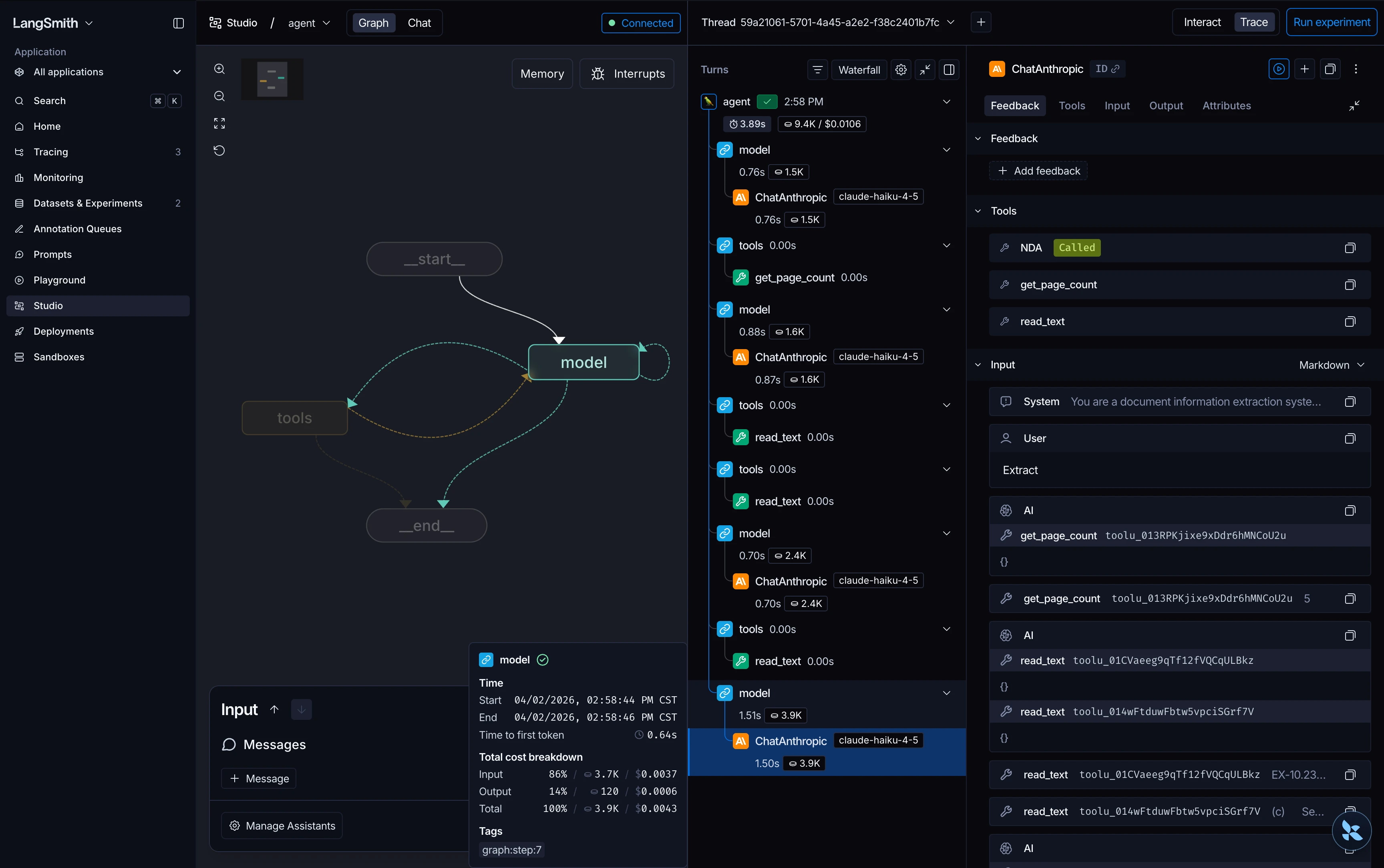 The agentic extractor in LangGraph Studio. The graph cycles between the model node and the tools node until the schema is filled; the trace on the right shows one run calling get_page_count once and then read_text on the pages it decided it needed.