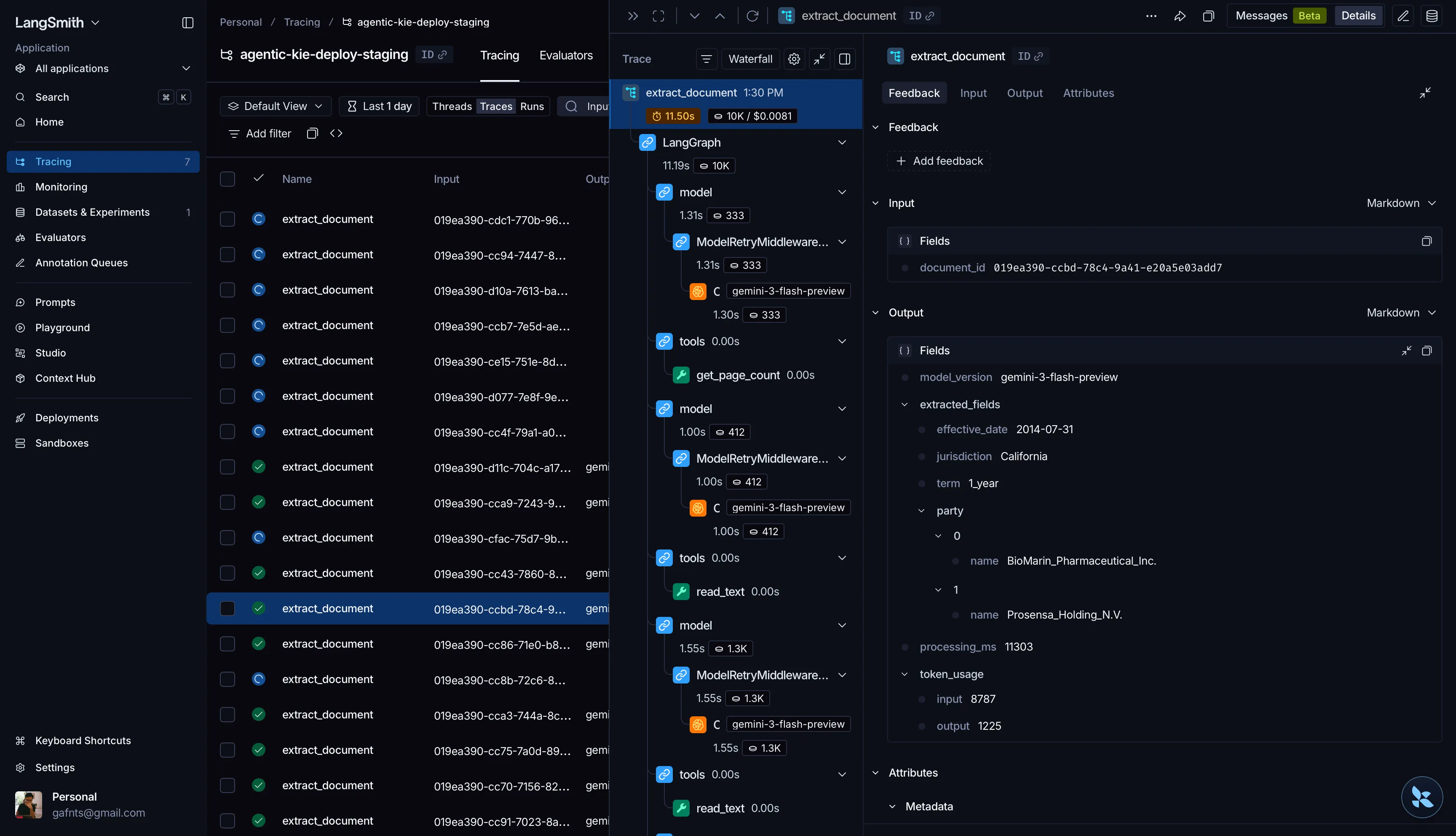 The model backend. One agentic extraction traced in LangSmith: the tool calls and retries, token usage, model version, the fields it returned, and the document id.