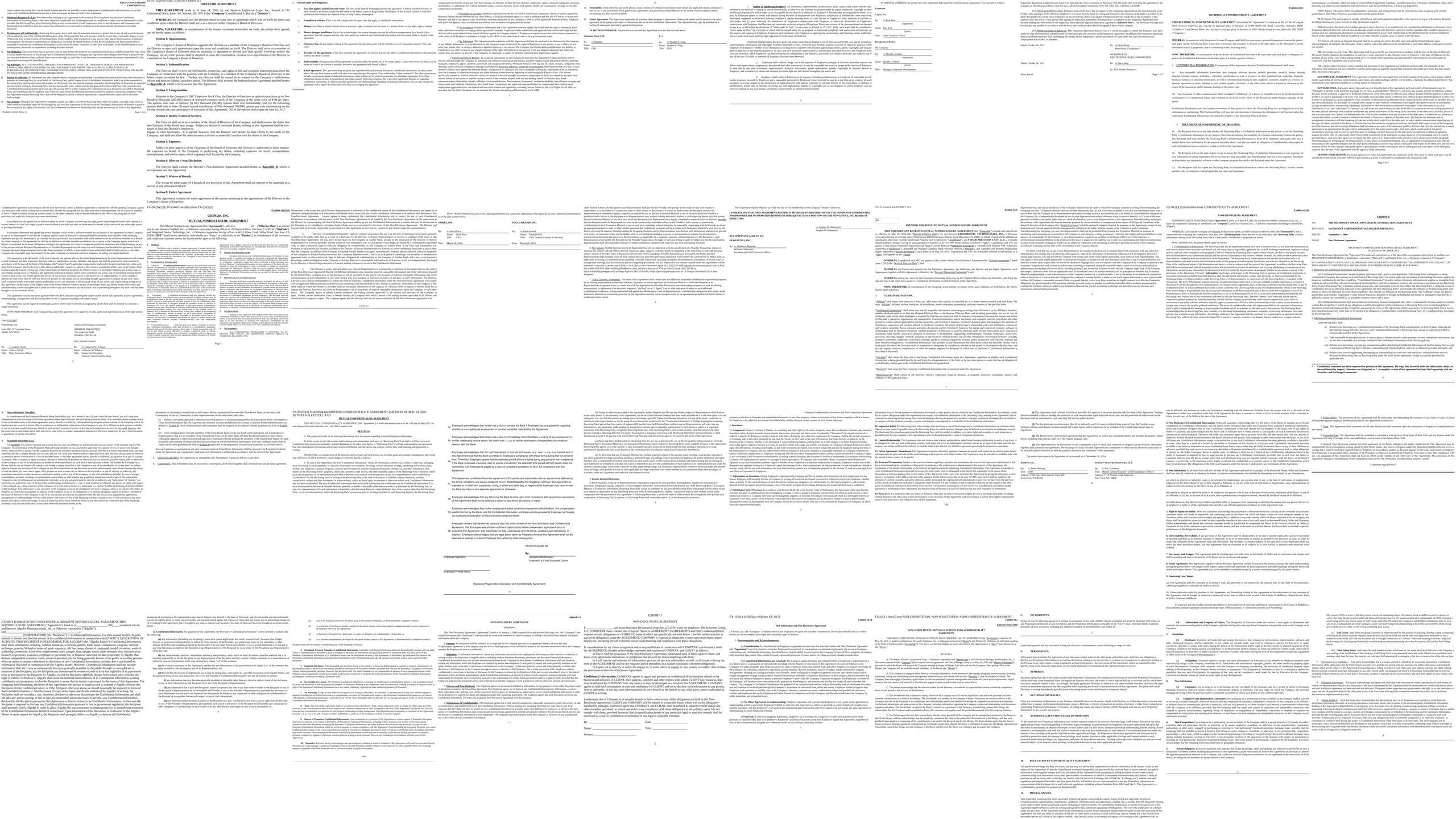 First pages from the Kleister NDA corpus. Real agreements filed as SEC exhibits, so the layouts vary from one document to the next: dense single-column legalese, two-column contracts, signature blocks, and exhibit headers.